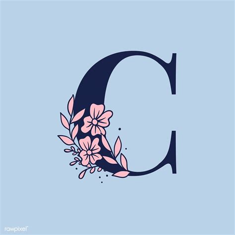 The Letter C Is Decorated With Pink Flowers And Leaves On A Blue