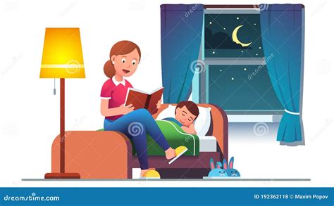 Mother Reading Bedtime Story Book To Son Kid Stock Vector