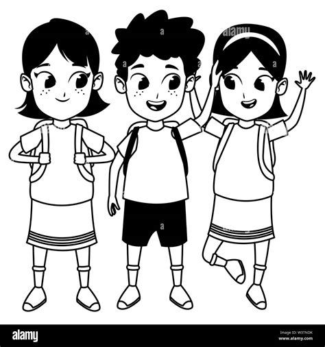 Childhood Cute School Students Cartoon In Black And White Stock Vector