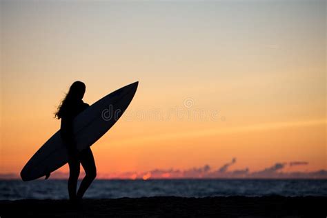 Girl With Surfboard In Sunset At Beach Stock Image Image Of Girl