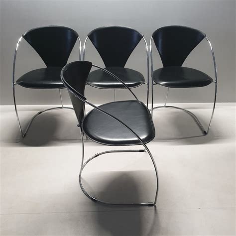 Minimalistic Chrome And Leather Dining Chairs By Arrben Italy 1980s 95715