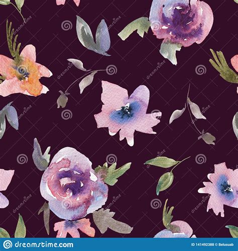 Gentle Purple Watercolor Roses Floral Seamless Pattern Stock