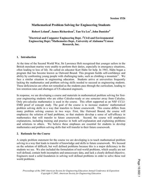 The application of science and mathematics by which the properties of matter and sources of energy in nature are made useful to people in structures. (PDF) Mathematical problem solving for engineering students