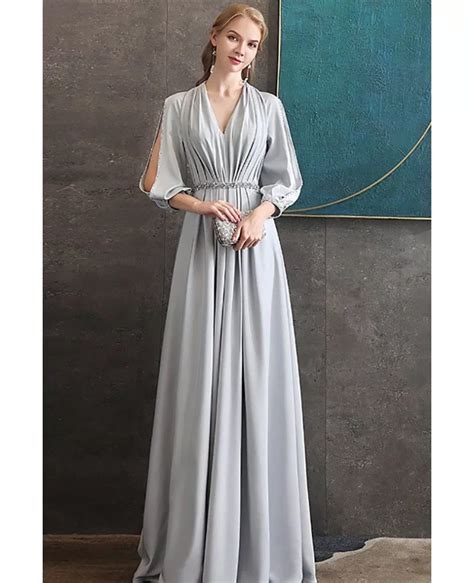 Elegant Long Grey Evening Formal Dress Vneck With Long Sleeves Dm69018