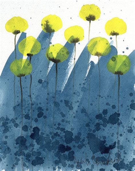 An Abstract Painting Of Yellow Flowers In Blue And Green Watercolors On