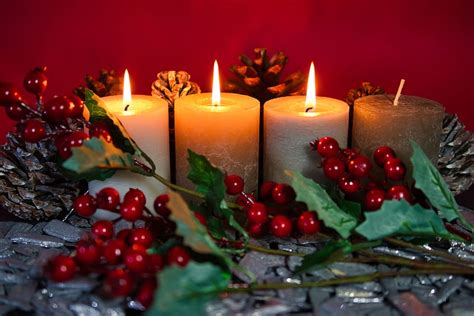 Hd Wallpaper Lighted Three Red Pillar Candles Advent Christmas Time