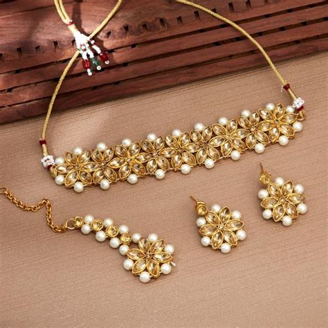 sukkhi stylish gold plated lct and pearl choker necklace set for women jiomart
