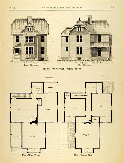 1884 Print Victorian Cottage House Architecture Floor Plans Elevations