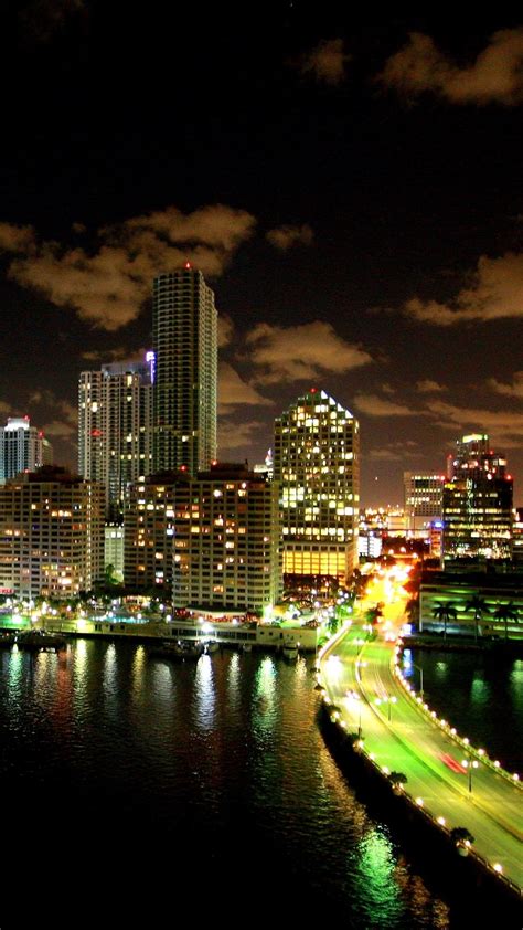 Wallpaper Miami City Night Skyscrapers River Bridge Illumination
