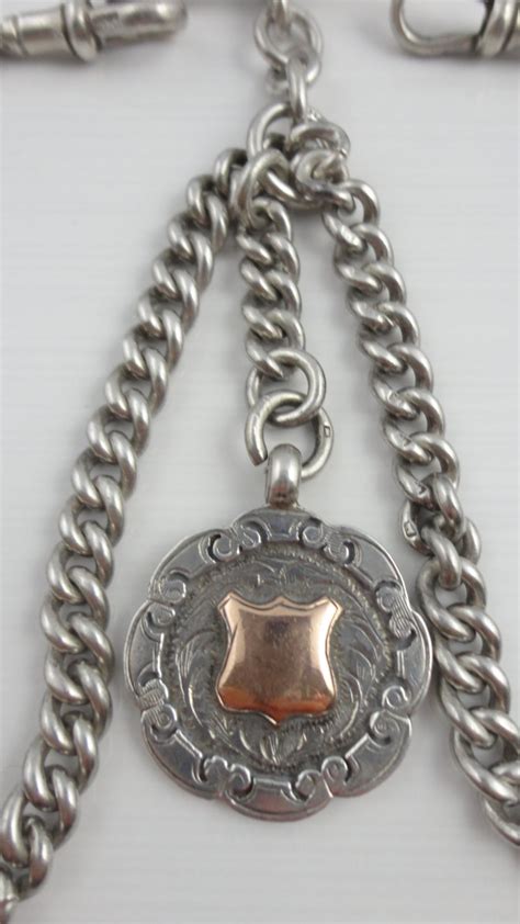 Antique Silver Double Albert Pocket Watch Guard Chain With Fob Ian