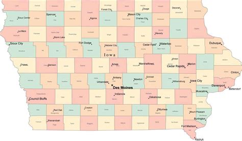 Multi Color Iowa Map With Counties Capitals And Major Cities Map