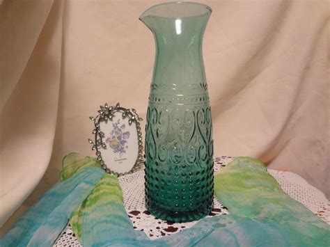 Green Glass Tall Water Decanter Vase With Hobnail Bottom And S Swirl Accents Vintage Home
