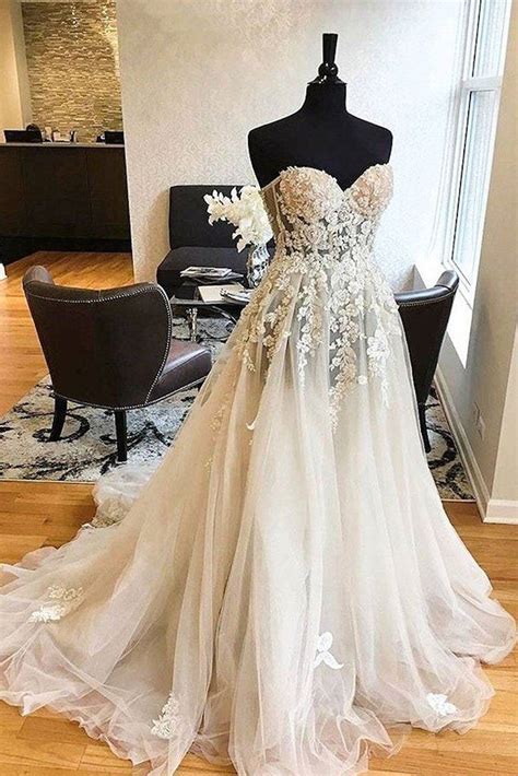 White Tulle Lace Strapless Long Prom Dress Wedding Dresses In 2020