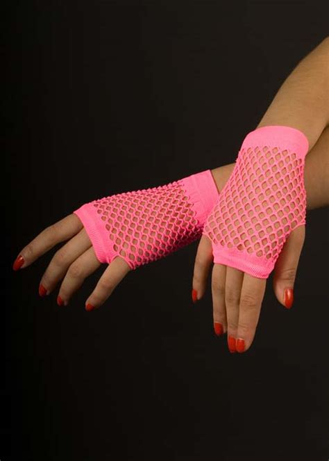 Trend Rank Pink Fishnet Gloves Neon 1980s 80s Fingerless Fancy Dress
