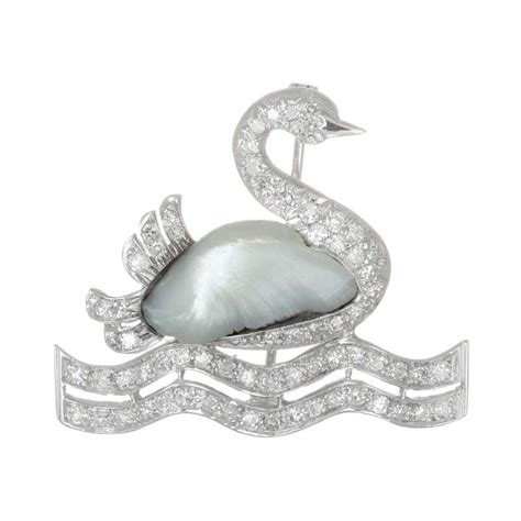 75 Carat Diamond Peal White Gold Swan Midcentury Brooch For Sale Free Shipping At 1stdibs