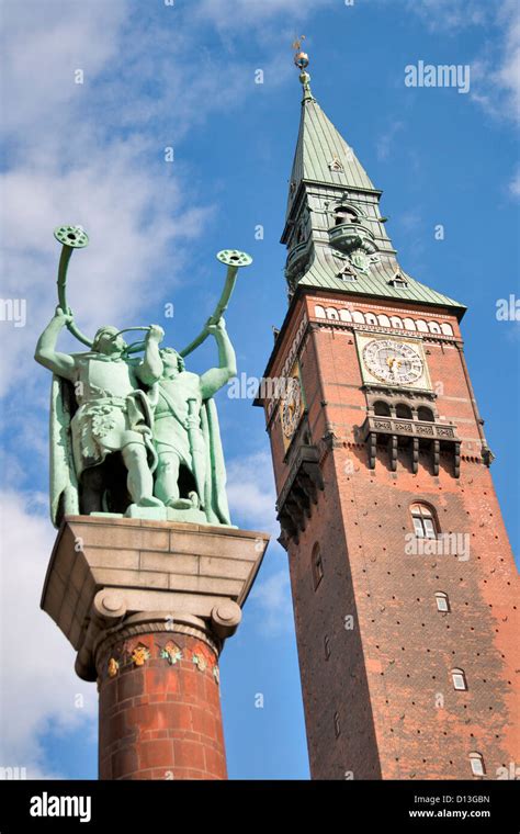 Copenhagen City Hall Tower With The Lure Blowers Statue Stock Photo Alamy