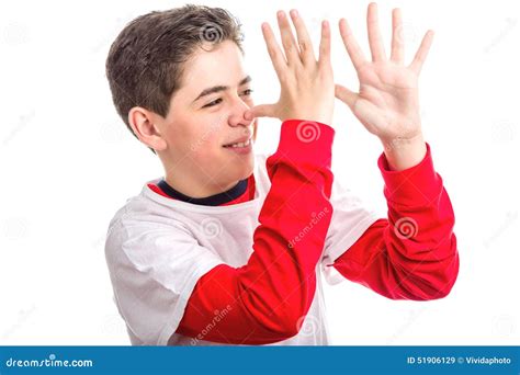 Caucasian Smooth Skinned Boy Thumbing His Nose Stock Image Image Of