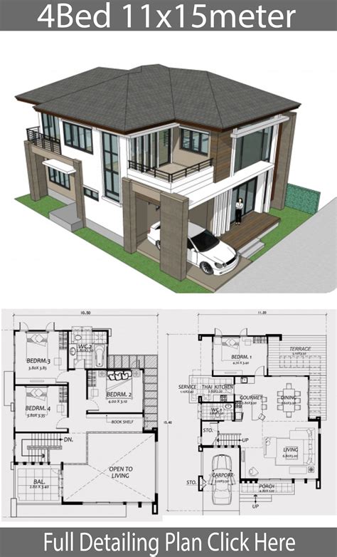 Home Design 11x15m With 4 Bedrooms Home Design With Plan Duplex