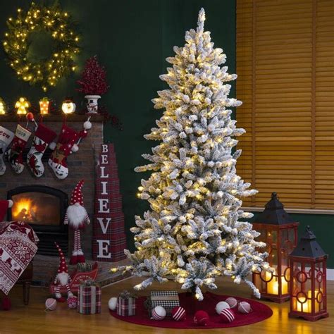 Glitzhome 75 Ft Pre Lit Flocked White Artificial Christmas Tree With