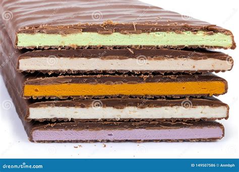 Cross Section Of Milk Chocolate Bars With Varicolored Filling Stock