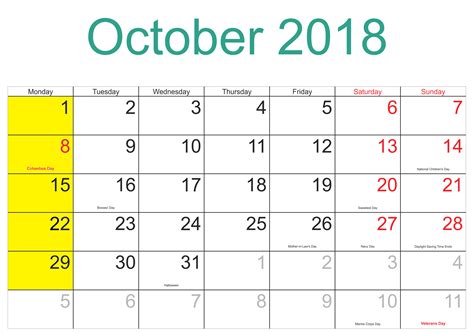 October Calendar 2018 Printable Templates October Calendar Calendar