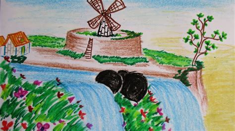 How to draw and paint waterfall scene with colorful flowers alongshore | Scenery Drawing Channel ...