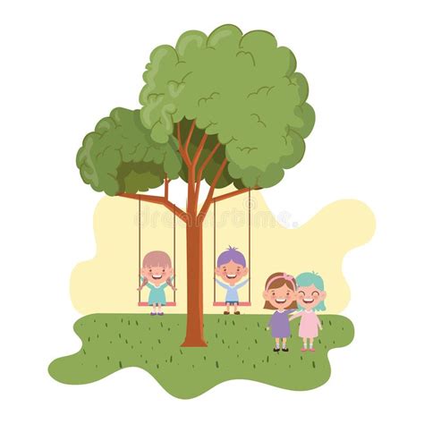 Group Of Baby In Swing Smiling In Landscape Stock Vector Illustration