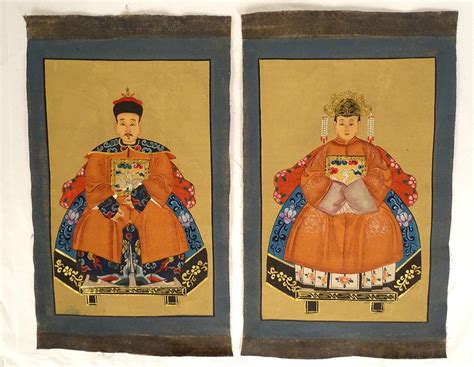 Proantic Pair Small Paintings China Portraits Couple Ancestors Dignit
