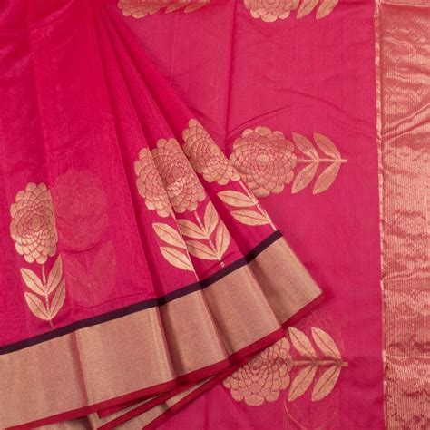Handwoven Chanderi Silk Cotton Saree With Floral Motifs And Zari Border