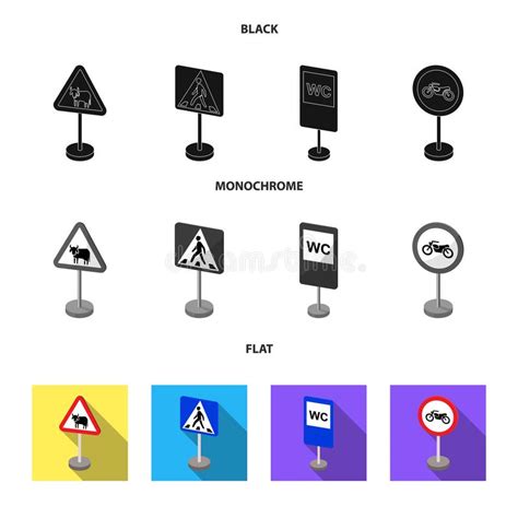 Different Types Of Road Signs Black Flat Monochrome Icons In Set