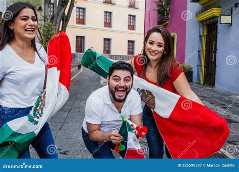 Mexican People With Flags To Celebrate Mexican Independence Day In Mexico Stock Image Image Of