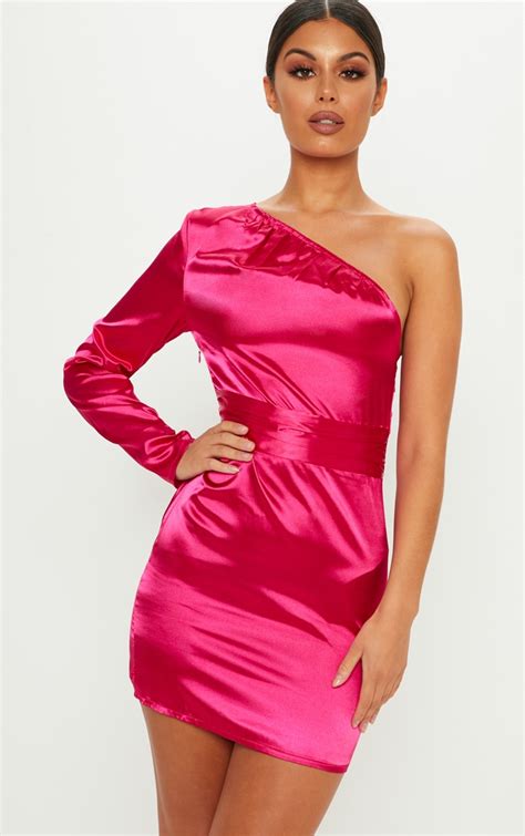 Hot Pink Satin Shoulder Bodycon Dress Prettylittlething Ire