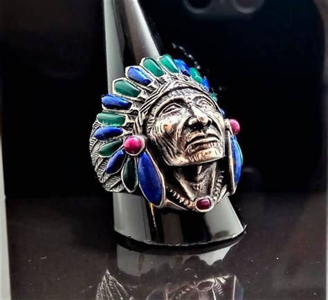 American Indian Sterling Silver 925 Ring Chief Warrior Natural Lapis