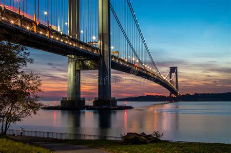 The bridge connecting brooklyn to staten island named verrazano bridge seen at dusk. Verrazano-Narrows Bridge In Brooklyn And Staten Island At ...