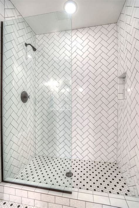 Soho White Ceramic Subway Tile 3 X 6 In Herringbone Pattern With 1 Inch White And Black Hexagon