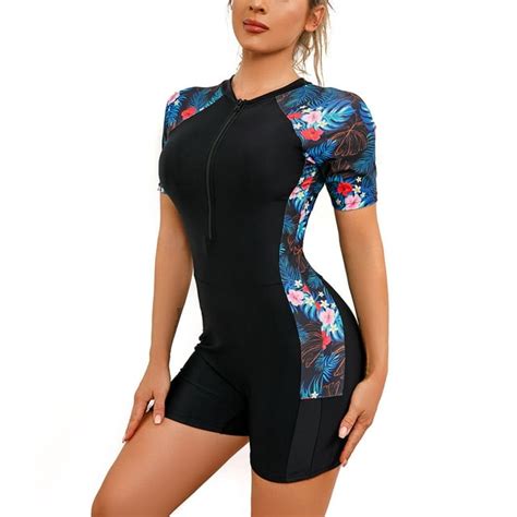 Yuwull Womens Short Sleeve Swimsuits One Piece Swimwear Zip Front