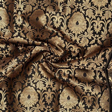 Buy Black And Golden Flower Design Pure Banarasi Silk Fabric 8467