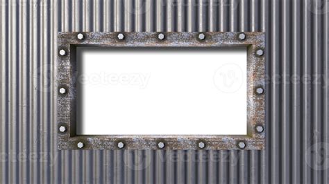 A 3d Rendering Image Of A Rust Steel Frame On Old Metal Sheet Wall And