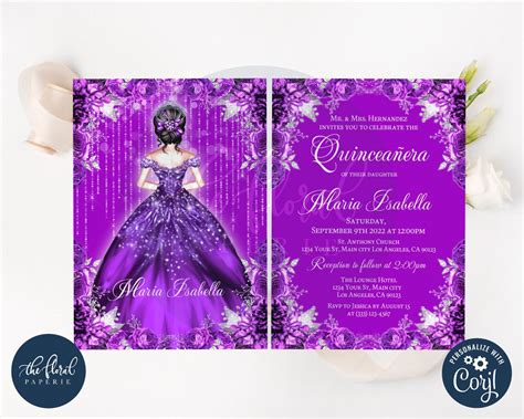 purple quinceanera invitation template editable 15th birthday etsy
