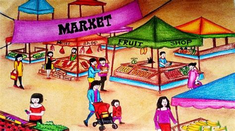 How to draw scenery of village market | toma's drawing. Library of market scene jpg black and white download png ...