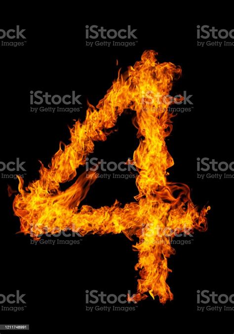 Number 4 Font In Burning Fire Isolated On Dark Background For Numeric