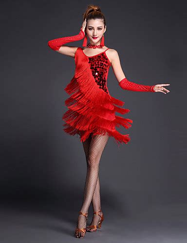 Latin Dance Dresses Womens Performance Polyester Lycra Sequins Tassels 4 Pieces 4374239