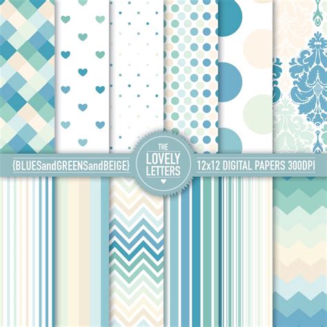 Blues Greens And Beige Digital Papers For Baby Showers Paper Party