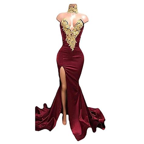 Sexy Burgundy Prom Dresses Gold Lace Appliqued Mermaid Prom Dress Front Split Evening Dress 2019