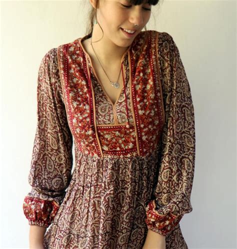Indian Gauze Dress Vintage S S Boho Hippie Hippy Maroon Brown Hand Blocked Paisley Floral