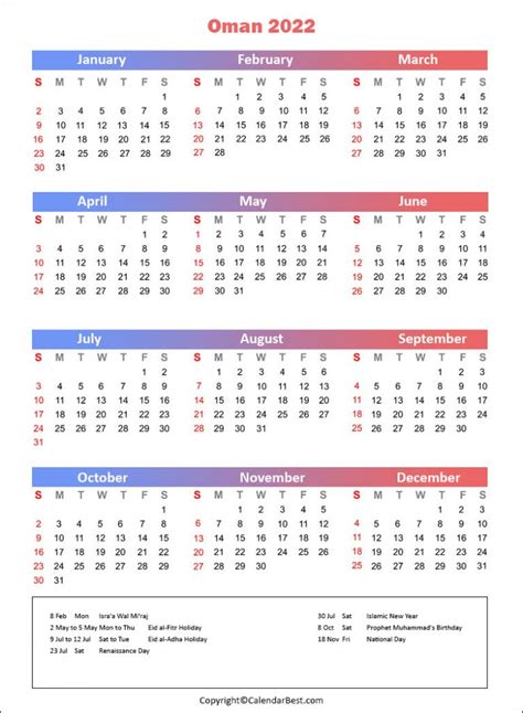 Oman Holiday Calendar 2022 Best Printable Calendar