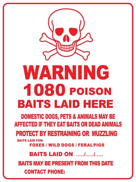 Warning 1080 Poison Baits Laid Here Sign New Signs