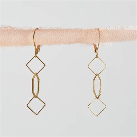 Brass Hexagon And Squares Geometric Dangle Earrings Brass Geometric