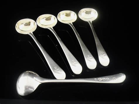 Set 5 Antique English Sterling Silver Salt Spoons Crested William Eley