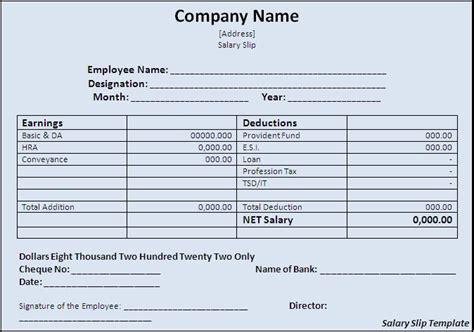 Create Salary Slip Template For Employees Microsoft Excel Template